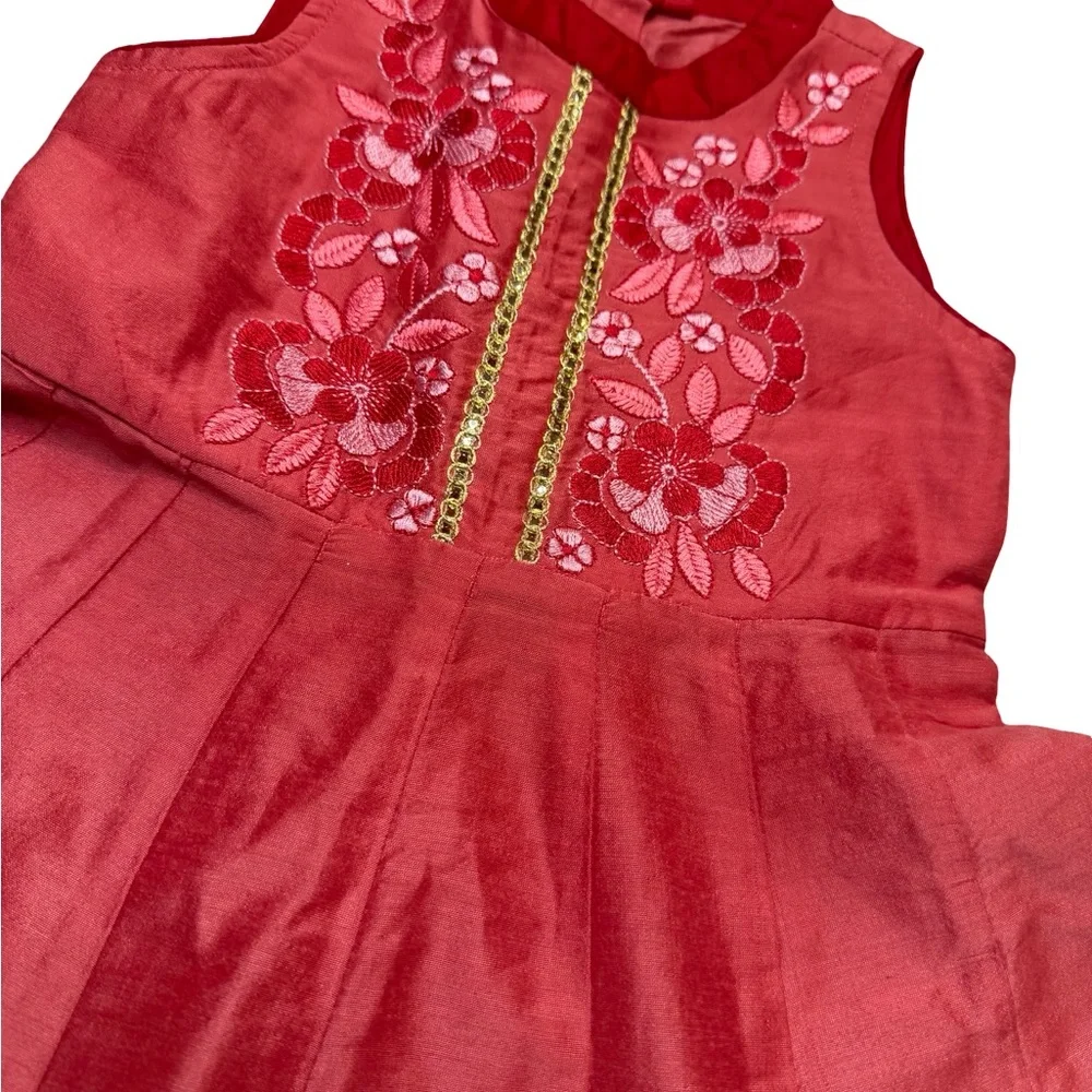 ✨🌺 Ethnicity Girls Embroidered‎ Floral Red Silk Party Dress 2–3Y 🌺✨